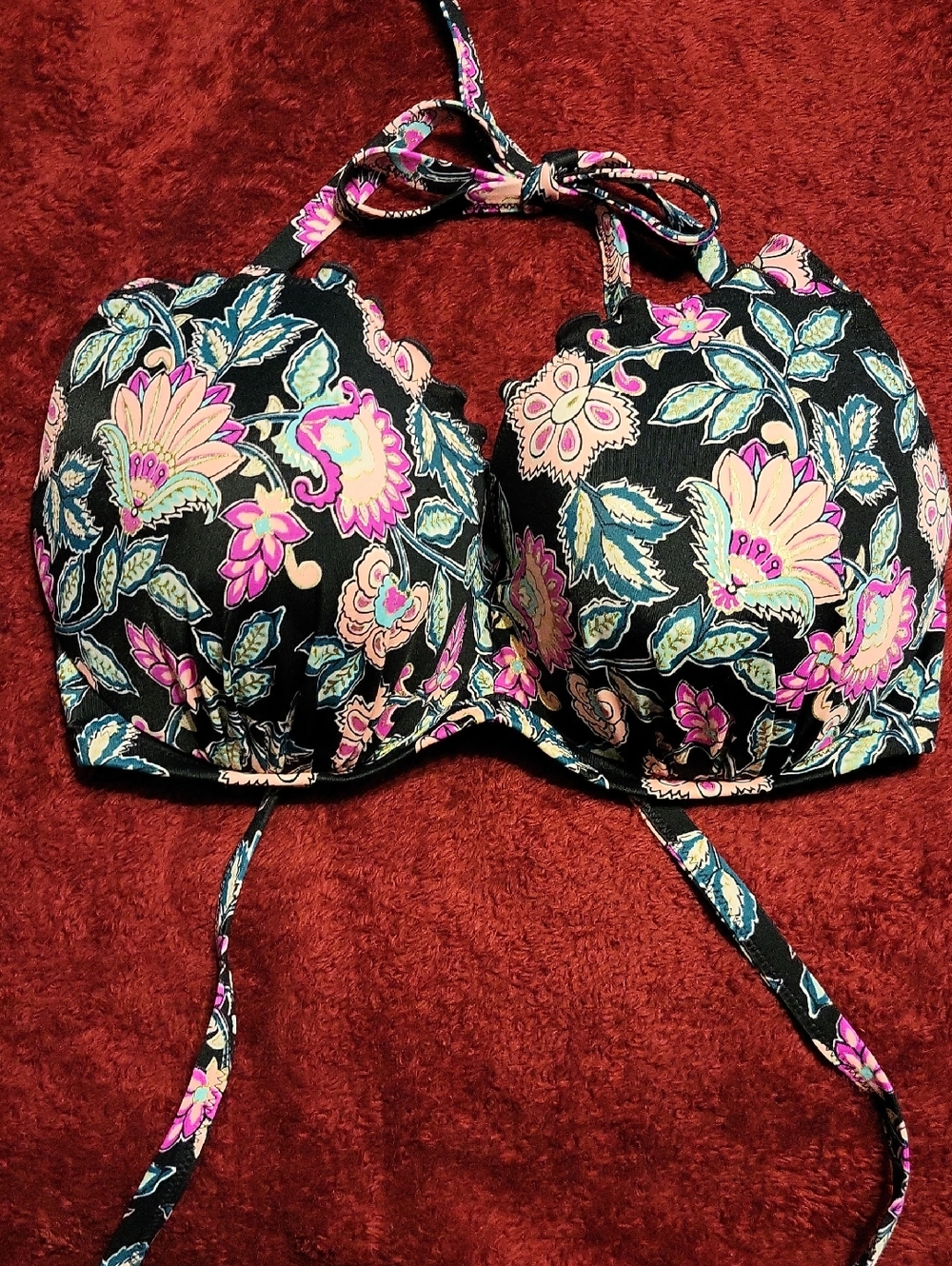 Floral Halter Bikini Top - Black with Pink And Peach Accents
